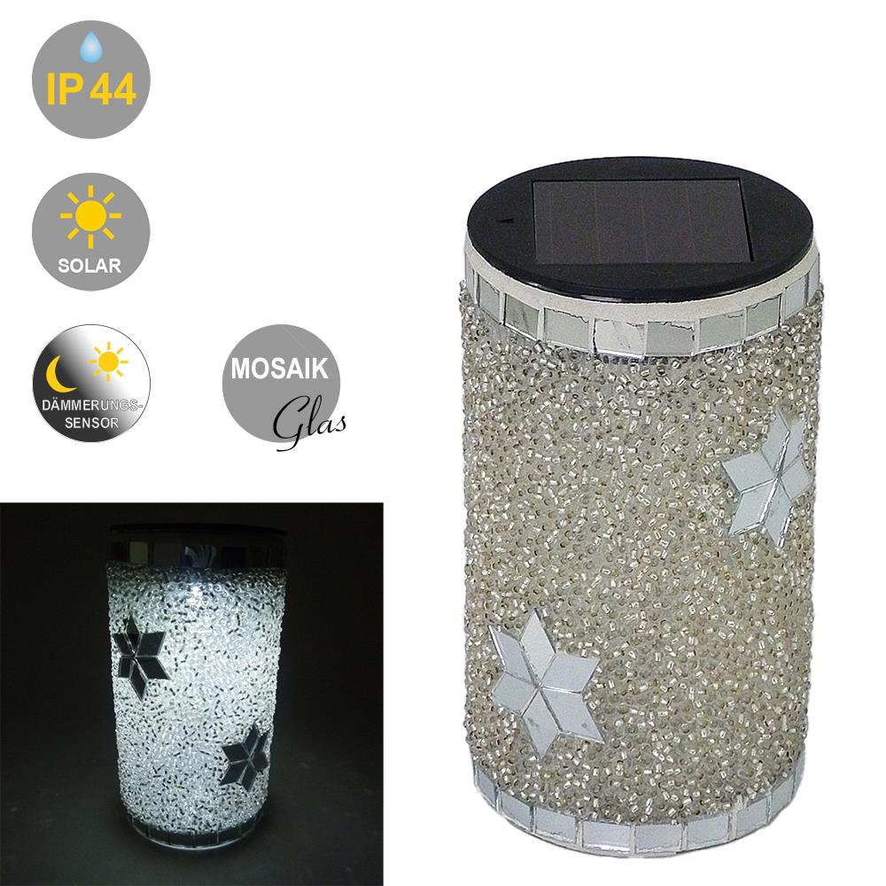 LED Solar Windlicht Perla Mosaikglas silber/weiss 