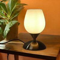 Glas-Tisch-Leuchte MIKO Nachttisch-Fensterbank-Deko-Lampe Nickel Opalglas weiß  20cm- Modell Kelchform