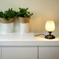 Glas-Tisch-Leuchte MIKO Nachttisch-Fensterbank-Deko-Lampe Nickel Opalglas weiß  20cm- Modell Kelchform