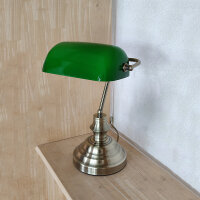 Tischleuchte Bankerslamp mit Zugschalter E27 Schreibtischleuchte (Höhe 37,5cm) altmessing-grün