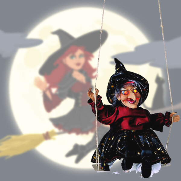 Beleuchtete Hexe auf Schaukel, Dekoration zum Aufhängen Halloween Leuchte Lampe