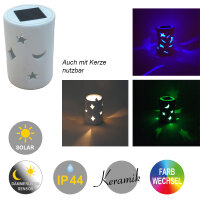Solar Windlicht Keramik weiß Solarleuchte Lampe & Windlicht Dekoration Geschenk Mond & Sterne