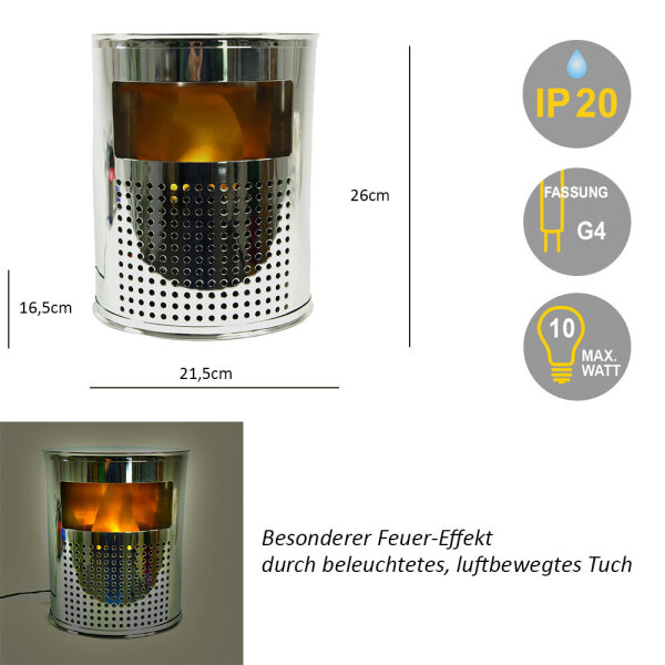 Dekoleuchte Kamin chrom Halogen Lampe mit Feuer-Effekt  Stimmungs-Deko-Leuchte