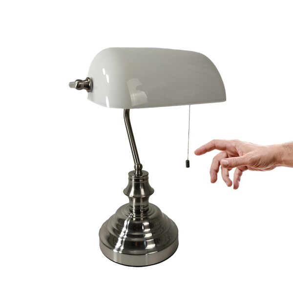 Tischleuchte Bankerslamp mit Zugschalter Nickel-Weiß E27 Schreibtischleuchte