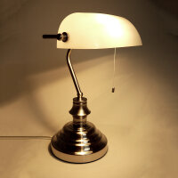 Tischleuchte Bankerslamp mit Zugschalter Nickel-Weiß E27 Schreibtischleuchte