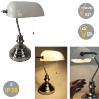 Tischleuchte Bankerslamp mit Zugschalter Nickel-Weiß E27 Schreibtischleuchte