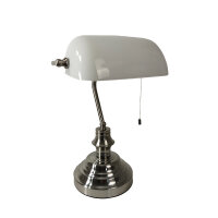 Tischleuchte Bankerslamp mit Zugschalter Nickel-Weiß E27 Schreibtischleuchte