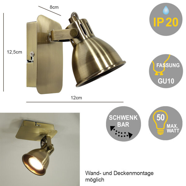 Deckenstrahler Spotlampe Letora 1-flammig altmessing Wandleuchte Deckenleuchte